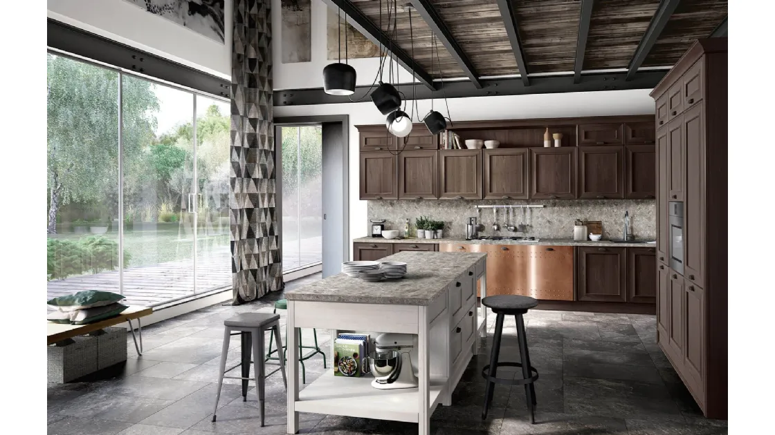 Cucina Classica ad angolo con isola Louisiana 04 finitura rovere cacao e rovere bianco di Spagnol Cucine