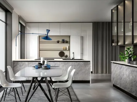 Cucina Moderna con penisola Maryland 05 in HPL Grey Stone e laccato lucido di Spagnol Cucine