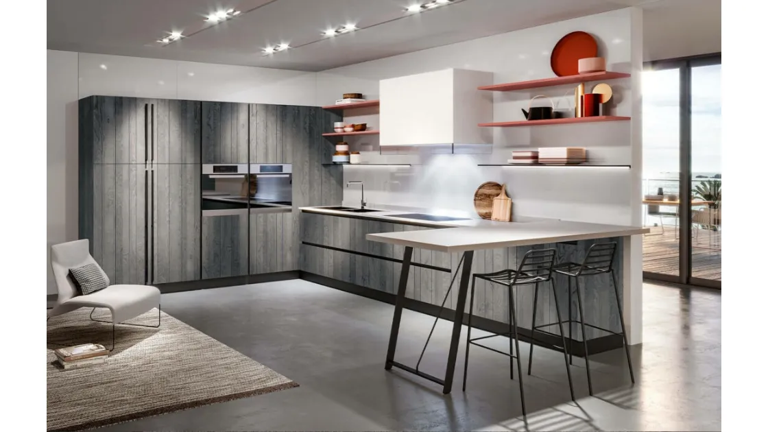 Cucina Moderna angolare con penisola Maryland 10 finitura rovere grafite di Spagnol Cucine