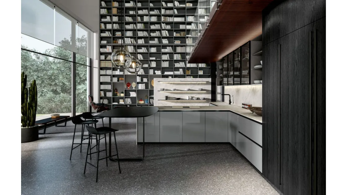 Cucina Moderna con penisola Vivere Italia 05 finitura impiallacciato rovere grigio e laccato lucido di Spagnol Cucine